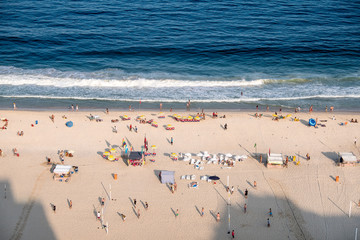 view of Copacabana beach during late afternoon, taken from the rooftop of a hotel, Rio de Janeiro, Brazil