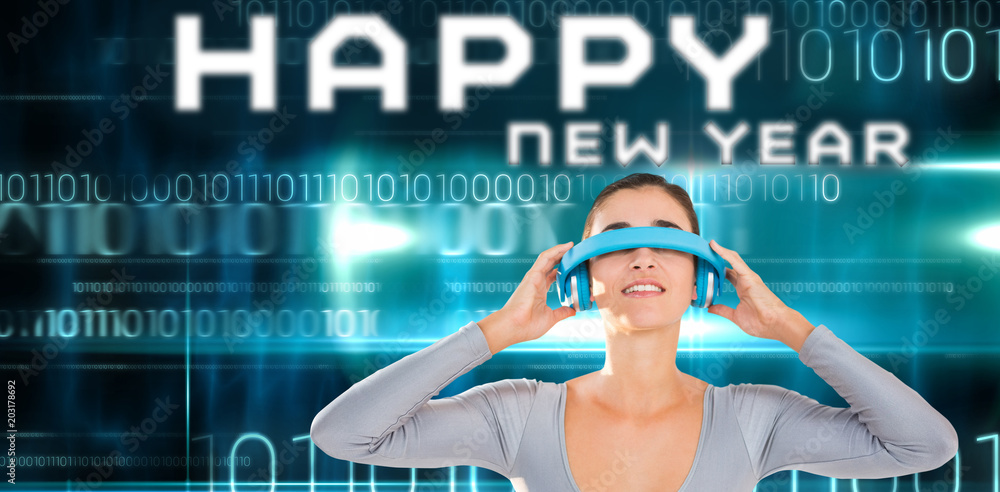 Aufkleber smiling woman using virtual video glasses against blue technology design with binary code