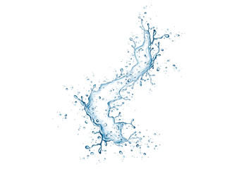 Blue water splash and drops  on white background.