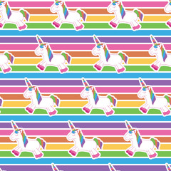 Unicorn pattern in rainbow background. A playful, modern, and flexible pattern for brand who has cute and fun style. Repeated pattern. Happy, bright, and magical mood.