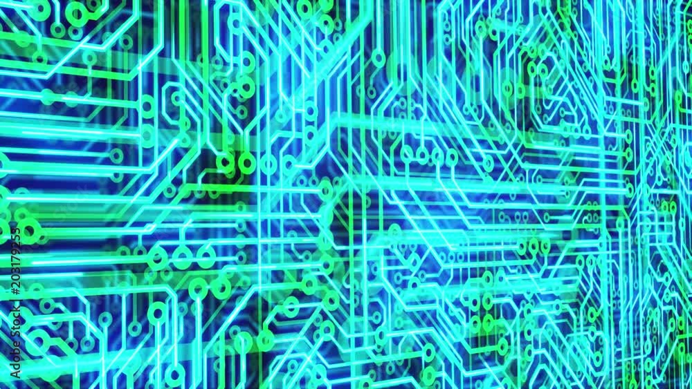 Poster seamless looping 3d animated blue and green transparent circuit board animation