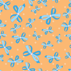 Blue ribbon in orange dots background. A playful, modern, and flexible pattern for brand who has cute and fun style. Repeated pattern. Happy, bright, and magical mood.