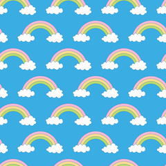 Rainbow at blue sky. A playful, modern, and flexible pattern for brand who has cute and fun style. Repeated pattern. Happy, bright, and magical mood.