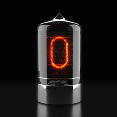 Nixie tube indicator, lamp gas-discharge indicator on dark background. The number zero of retro. 3d rendering.