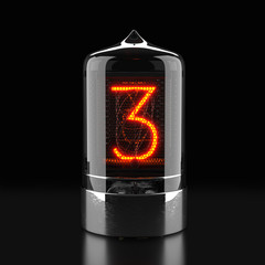 Nixie tube indicator, lamp gas-discharge indicator on dark background. The number three of retro. 3d rendering.