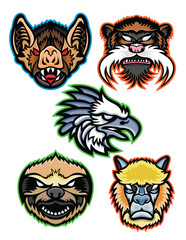 Mascot icon illustration set of heads of Amazon wildlife like the vampire bat, emperor tamarin monkey, harpy eagle, sloth and alpaca or llama viewed from  on isolated background in retro style.