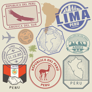 Travel stamps set Peru, South America