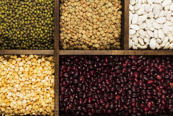 Assortment of beans (red lentil, green lentil, chickpea, peas, red beans, white beans, mix beans, mung bean). Top view. Food background
