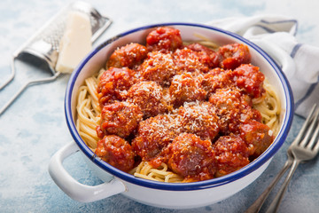 spaghetti pasta with meatballs in tomato sauce