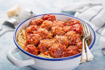 spaghetti pasta with meatballs in tomato sauce