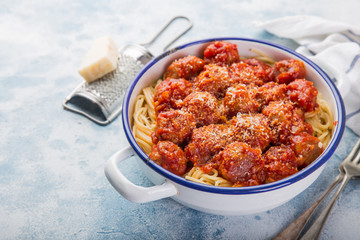 spaghetti pasta with meatballs in tomato sauce