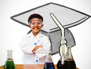Cute pupil dressed up as scientist against white background with vignette
