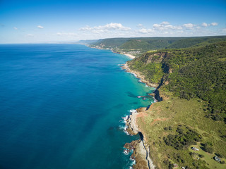 Aerial view of rugged coastline near Grand Pacific Drive, Sydney, Australia