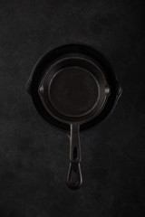 Monochrome concept. Black cast iron pans on black background