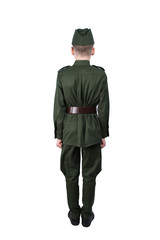 boy in uniform standing at attention in back view, isolated on white