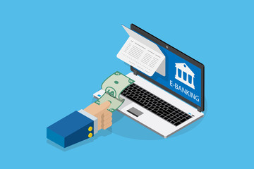 isometric business hand pull banknote from account passbook with laptop, financial and business concept