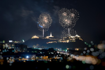 Colorful firework over the city .