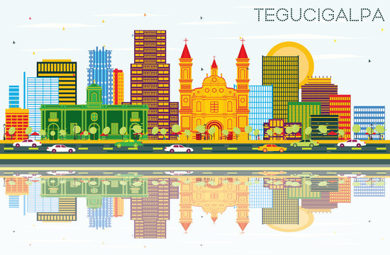 Tegucigalpa Honduras City Skyline with Color Buildings, Blue Sky and Reflections.