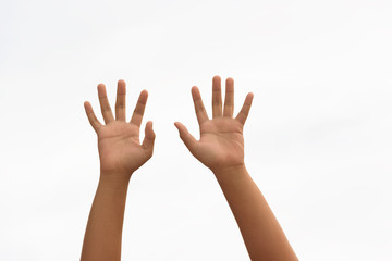 Boy hand on white background.