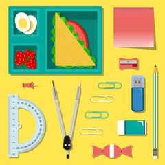 Flat set of stationery with lunch box on the table. School or office vector set.