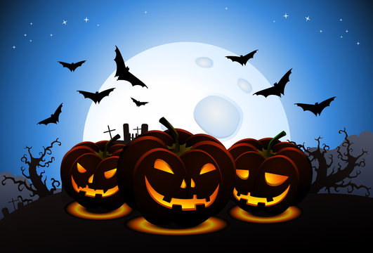 scary halloween wallpaper with carved pumpkins and scarry bats