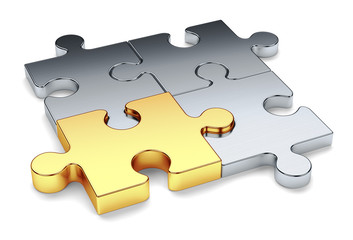Four puzzle pieces with gold part on a white background. 3d render illustration.