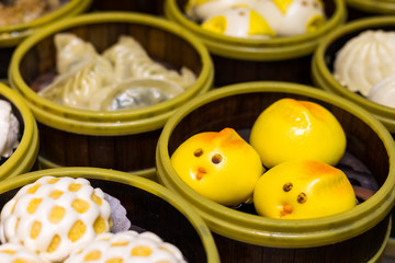 Various Dim Sum in Bamboo Steamed Bowl , chinese food