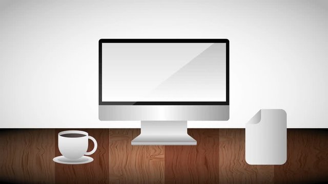 monitor computer hot coffee cup and paper in wooden table animation