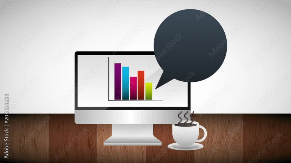 Poster statistic bar graph on screen computer coffee cup business animation