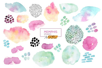 Watercolor seamless pattern, dot memphis fashion style, bright design repeating background. Hand...