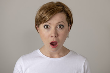 Human expressions and emotions. Young attractive woman with a surprised face, eyes and mouth open.