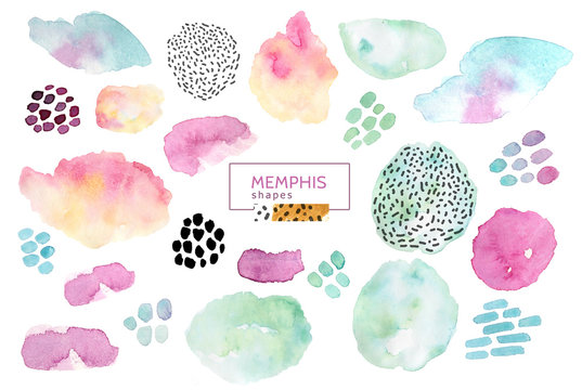 Watercolor seamless pattern, dot memphis fashion style, bright design repeating background. Hand painted modern brush shapes.