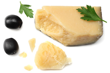 parmesan cheese with olives isolated on white background. top view