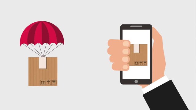 hand holding smartphone and parachute with box free delivery animation