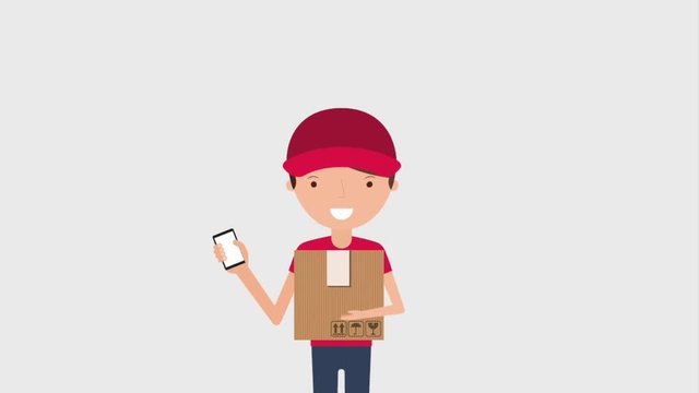 man with smartphone and box parachute flying package free delivery animation
