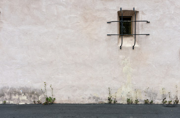Old weathered wall with small window and a ground with plants