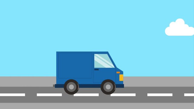 free delivery - blue truck in road transport service animation