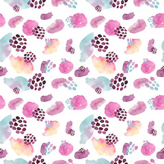 Watercolor seamless pattern, dot memphis fashion style, bright design repeating background. Hand...