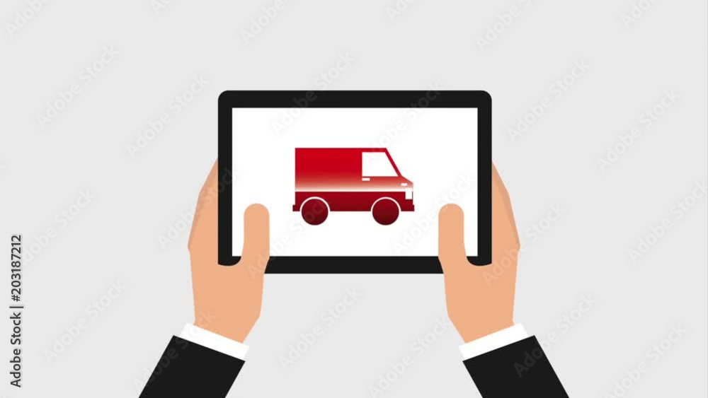 Poster hands holding tablet truck and airplane free delivery application online animation