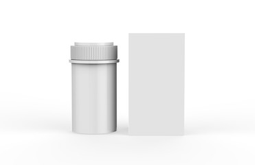 Medicine bottle and packaging box mockup on isolated white background, 3d illustration