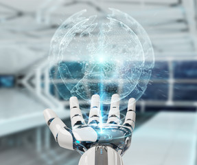 White robot hand using digital screen interface 3D rendering