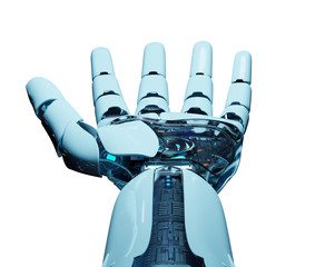 White cyborg opening his hand 3D rendering