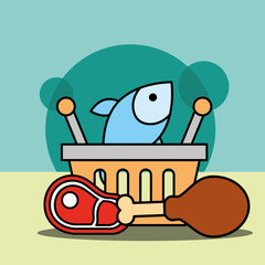 shopping basket fish chicken and meat vector illustration