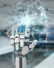 White humanoid hand using digital globe hud interface 3D rendering