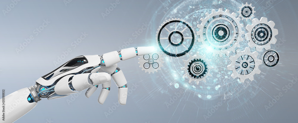 Leinwandbilder white humanoid robot hand using digital gears 3d rendering