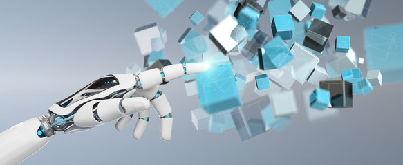 White cyborg hand using blue digital cube structure 3D rendering