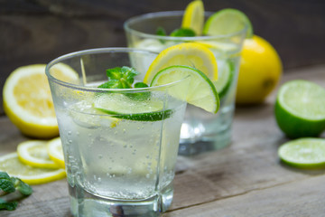 Summer cocktail. Mojito, tonic water with mint, lemon, lime, and ice cubes