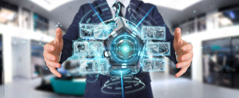 Poster businessman using futuristic drone security camera 3d rendering