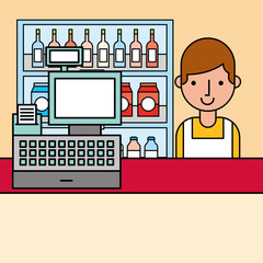 cashier and cash register and shelves supermarket cartoon vector illustration