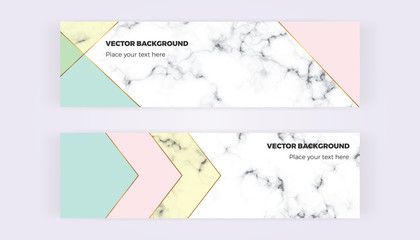 Geometric banners with triangles, gold lines and marble texture background. Template for designs, card, flyer, invitation, party, birthday, wedding, email, web, website